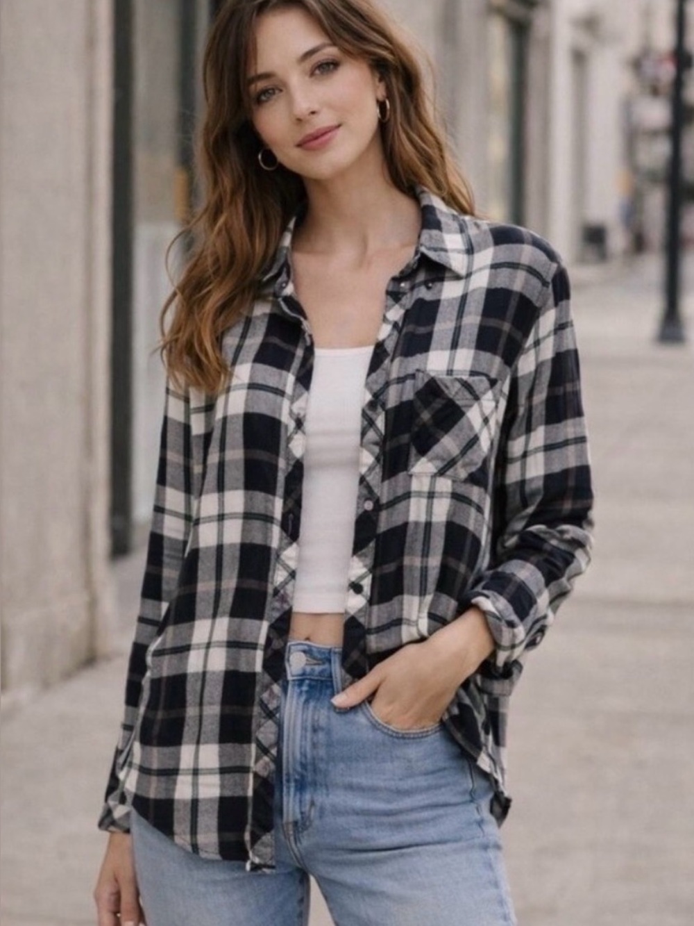 Rails Women's Hunter Black & White Plaid Flannel Button-Down LS Shirt - Small